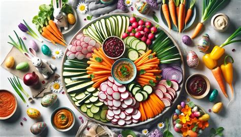 Premium Photo Vibrant Easter Feast Of Fresh Vegetables And Dips