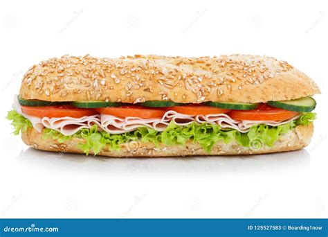 Baguette Sub Sandwich With Ham Whole Grains Lateral Isolated On Stock