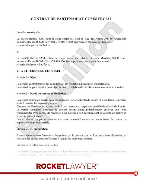 Contrat partenariat commercial Modèle de convention collaboration