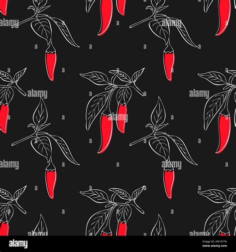 Red Hot Chilli Peppers Branch Hand Drawn Pattern On Black Background White Contour And Red
