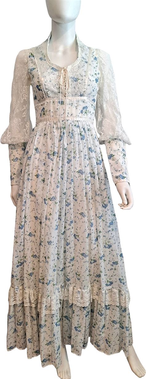 Vintage 70s 80s Blue Floral Gunne Sax Maxi Dress Corset Frontgown By