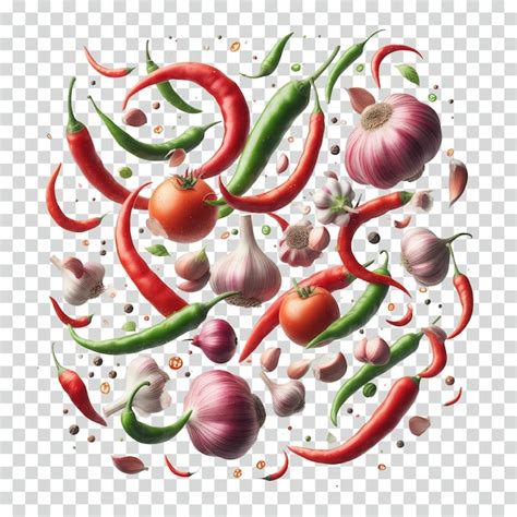 Premium Psd Floating Chilis Garlic Onion Allspices Transparent Background