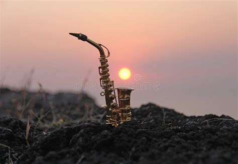 A Golden Alto Saxophone Against The Background Of The Sun And Sunset