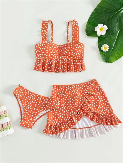 Girls Polka Dot Ruffle Trim Bikini Swimsuit With Beach Skirt Shein Usa