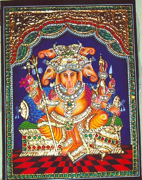 Five Head Ganesha B Tanjore Painting With Frame Soulspaze