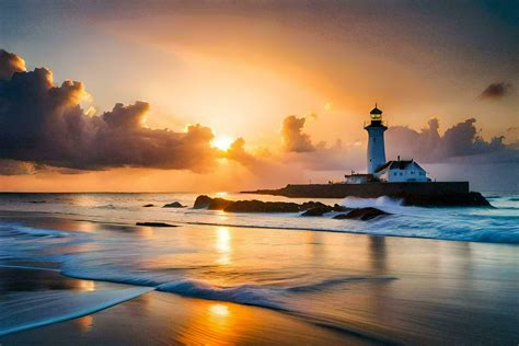 photo wallpaper the sky, clouds, beach, lighthouse, sunrise, the sea ...