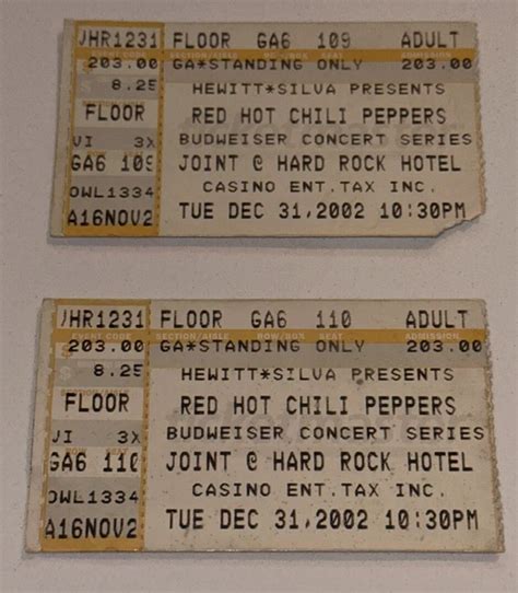 NYE RED Hot Chili Peppers Concert Joint Hard Rock Las Vegas Ticket Stub