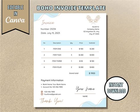 Boho Invoice Template Printable Hair Salon Canva Template Editable