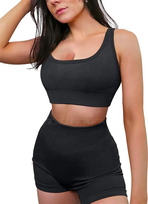 Tsutaya Workout Sets For Women Piece Ribbed Biker Shorts Seamless Gym