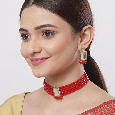 Karatcart Traditional Red Crystal Kundan Choker Necklace Set