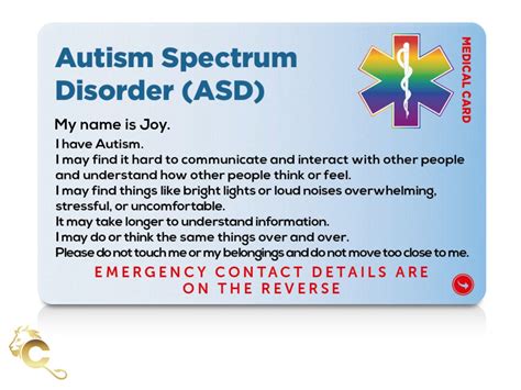 Autism Spectrum Disorder Asd Awareness Medical Alert Card Safety