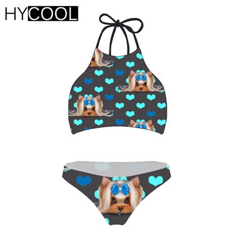 Hycool Women Swimsuit Bikini Set Cute Yorkie Printing Swim Suit Sexy Brazilian Bikini Bathing