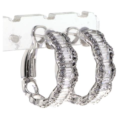 White Gold and Diamond Baguette Hoop Earrings For Sale at 1stDibs