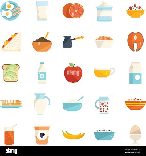 Healthy Breakfast Icons Set Flat Vector Protein Food Bread Eating