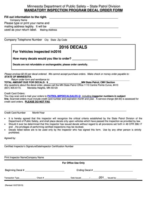 Fillable Mandatory Inspection Program Decal Order Form Printable Pdf