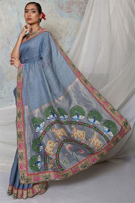 Label Pratham Handpainted Pichwai Sarees Tussar Linen Hand Painted