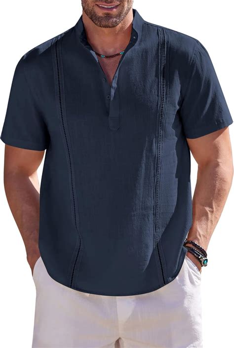 Amazon Coofandy Men S Cotton Linen Henley Shirt Short Sleeve Cuban