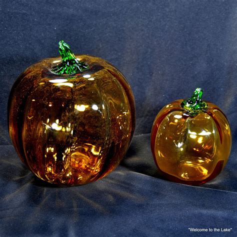 Blenko Glass Company Orange Art Glass Hand Blown Pumpkins Set Of Two 2 Blenko Glass Hand