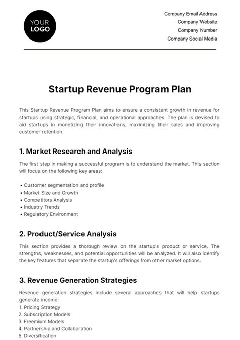 Free Startup Revenue Program Plan Template - Edit Online & Download