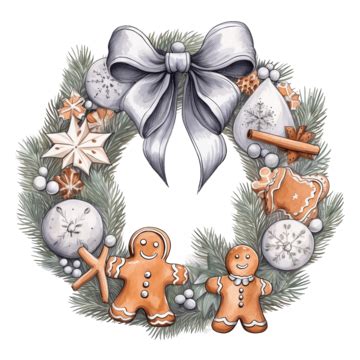 Hand Drawn Silver Grey Christmas Wreath With Gingerbread Cookies