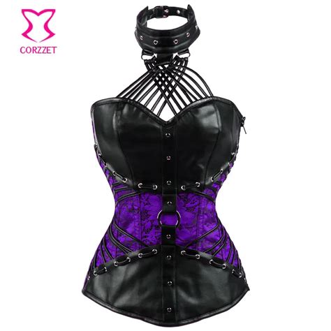 Purple Black Leather Halter Corset Tops Plus Size Gothic Clothing Steampunk Corsets And