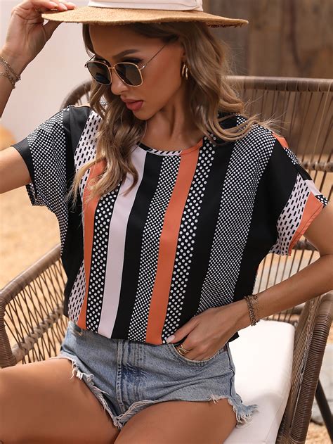 SHEIN LUNE Blusa impressão listrada manga de asa de morcego SHEIN Brasil