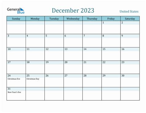 United States Holiday Calendar for December 2023