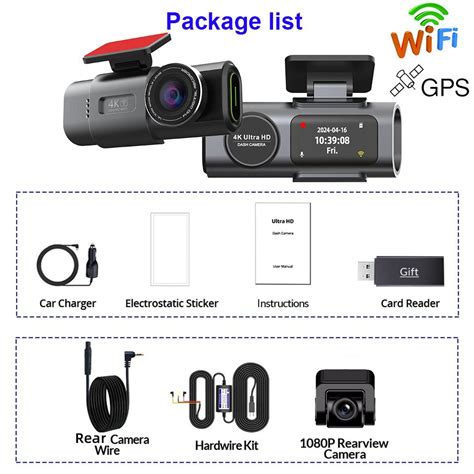 E-ACE Мини-видеорегистратор 4K, GPS, Wi-Fi, 24 часа, двойной объектив ...