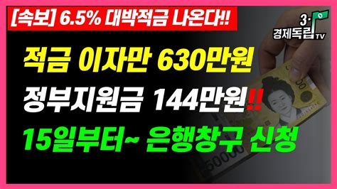 65 대박 적금 이자만 630만원 정부지원금 144만원 5000만원 목돈 마련 적금 15일부터~은행 창구 신청하세요 31경제독립tv Youtube