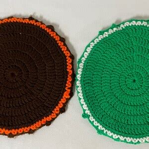 Vintage Crocheted Hot Pads Doilies Pot Holders Round Orange Brown Green White Set Of Etsy