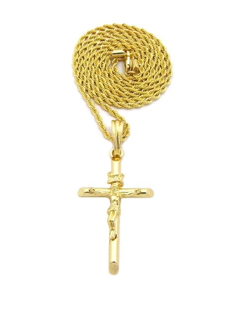 Polished INRI Crucifix Jesus Pendant With Chain Necklace 2mm 24 Gold