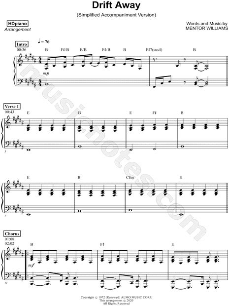 Hdpiano Drift Away Simplified Accompaniment Version Sheet Music Piano Solo In B Major