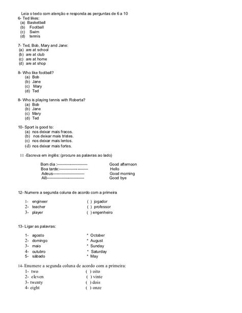 Atividades De Interpretação De Texto Em Ingles 6 Ano Texto Exemplo