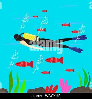 Scuba Diver Man Diving Over White Background Vector Illustration Stock