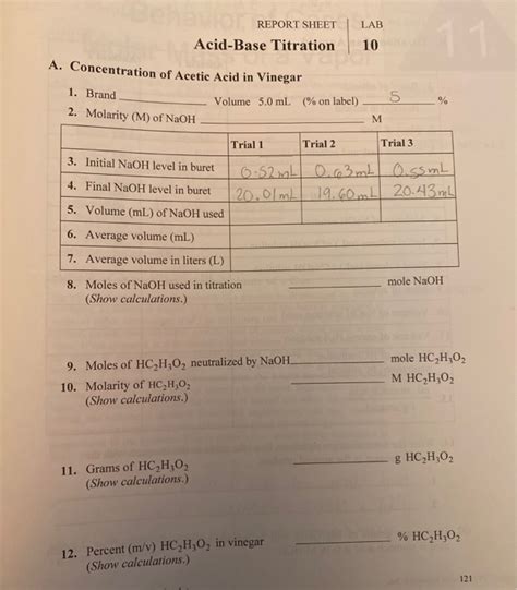 REPORT SHEET LAB Acid Base Titration 10 A Chegg