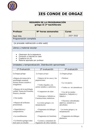 Resumen De La Programaci N Griego Ii Bachillerato N Horas