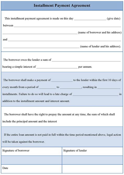 Free Installment Payment Agreement Template Printable Templates