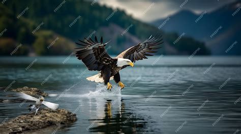 Premium Photo | American bald eagle hunting at the lake