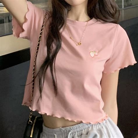 Y2k Strawberry Crop Top Women Embroidery Sexy T Shirt Summer Short Sleeve Tee