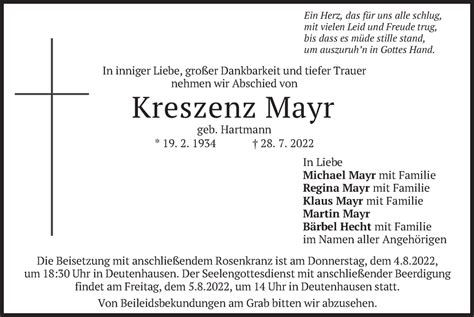 Traueranzeigen Von Kreszenz Mayr Trauer Merkur De