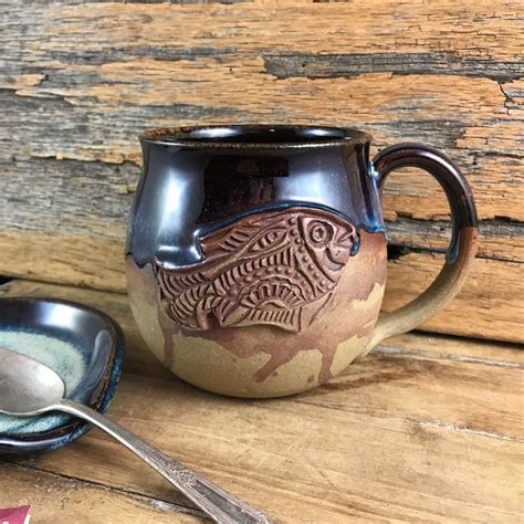 Large Ceramic Mug With Fish Handmade Pottery Coffee Mug Etsy