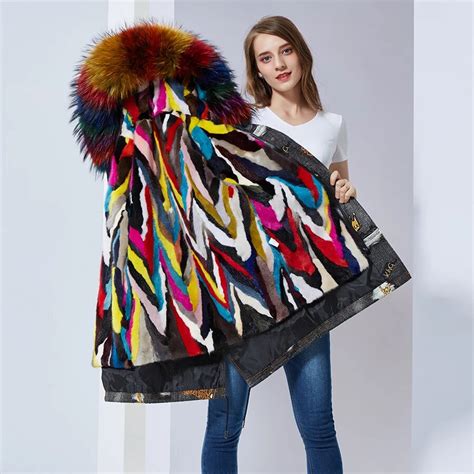 color fur hooded parkas female lined colorful mink fur collar women's ...