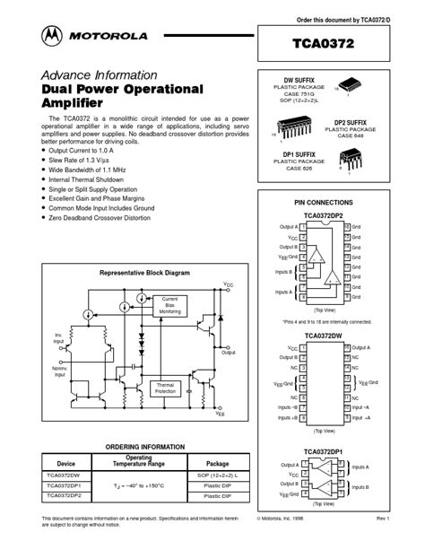 TCA0372 Datasheet Dual Power Operational Amplifier