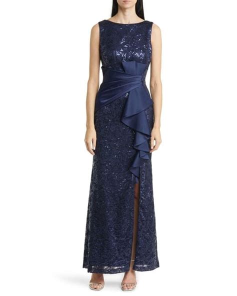 Eliza J Sequin Ruffle Sleeveless Lace Trumpet Gown In Blue Lyst