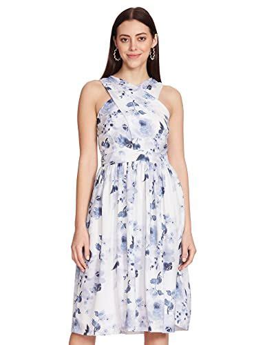 FabAlley Women White Blue Floral Front Wrap Halter Midi Dress In 2024