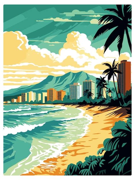 Premium Vector Waikiki Beach Hawaii Vintage Travel Poster Souvenir