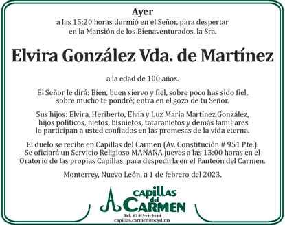 Se Ora Elvira Gonz Lez Vda De Mart Nez Obituario Esquela