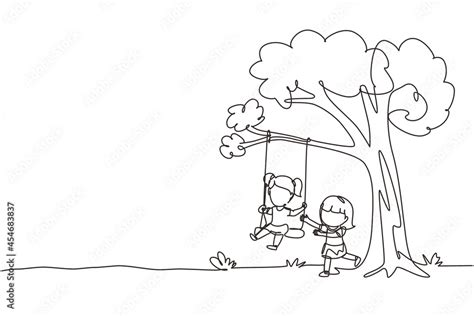 Single One Line Drawing Happy Two Girls Playing On Tree Swing Cheerful