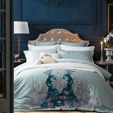 S Egyptian Cotton Luxury Peacock Flowers Embroidery Blue Bedding Set