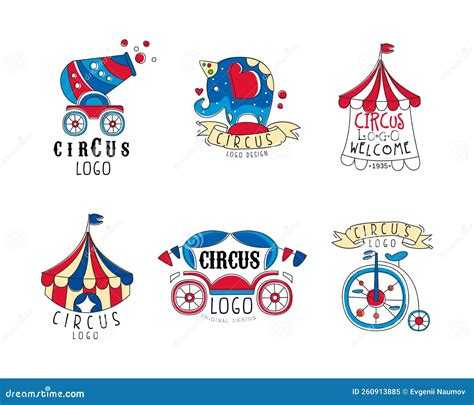 Circus Logo Design With Marquee Elephant Cannon And Monocycle Vector Set Stock Vector